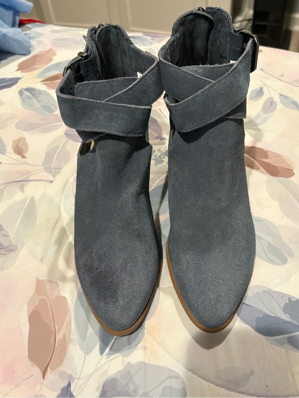 Sole Society Slate Blue Suede Ankle Booties with Wrap Strap